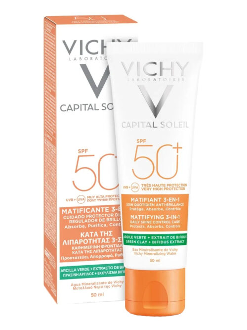 VICHY CAPITAL SOLEIL MATIFICANTE 3 EN 1 FPS 50+, PROTECTOR SOLAR PARA PIEL MIXTA 50ML